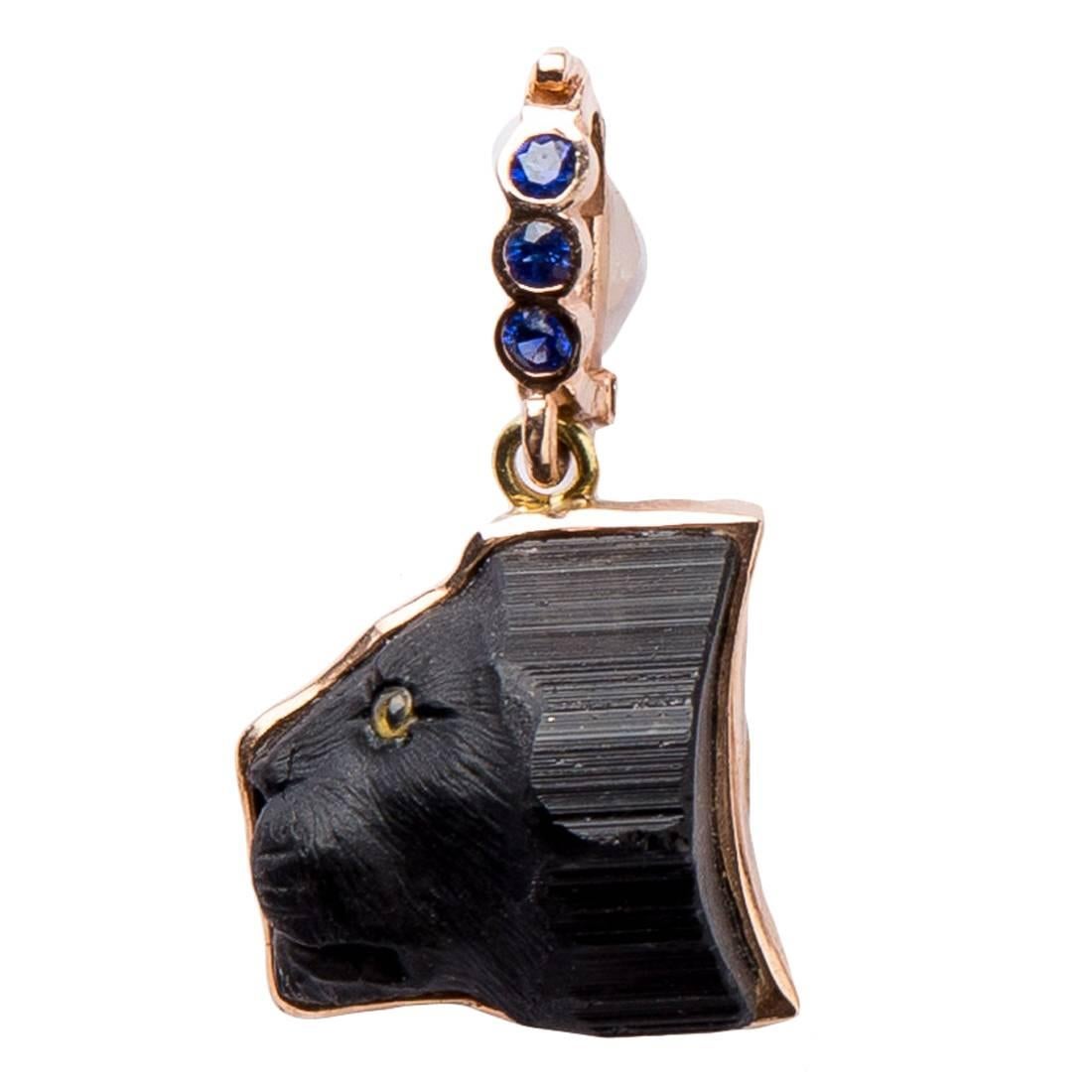 Black Tourmaline Sapphire Gold Lion's Head Pendant