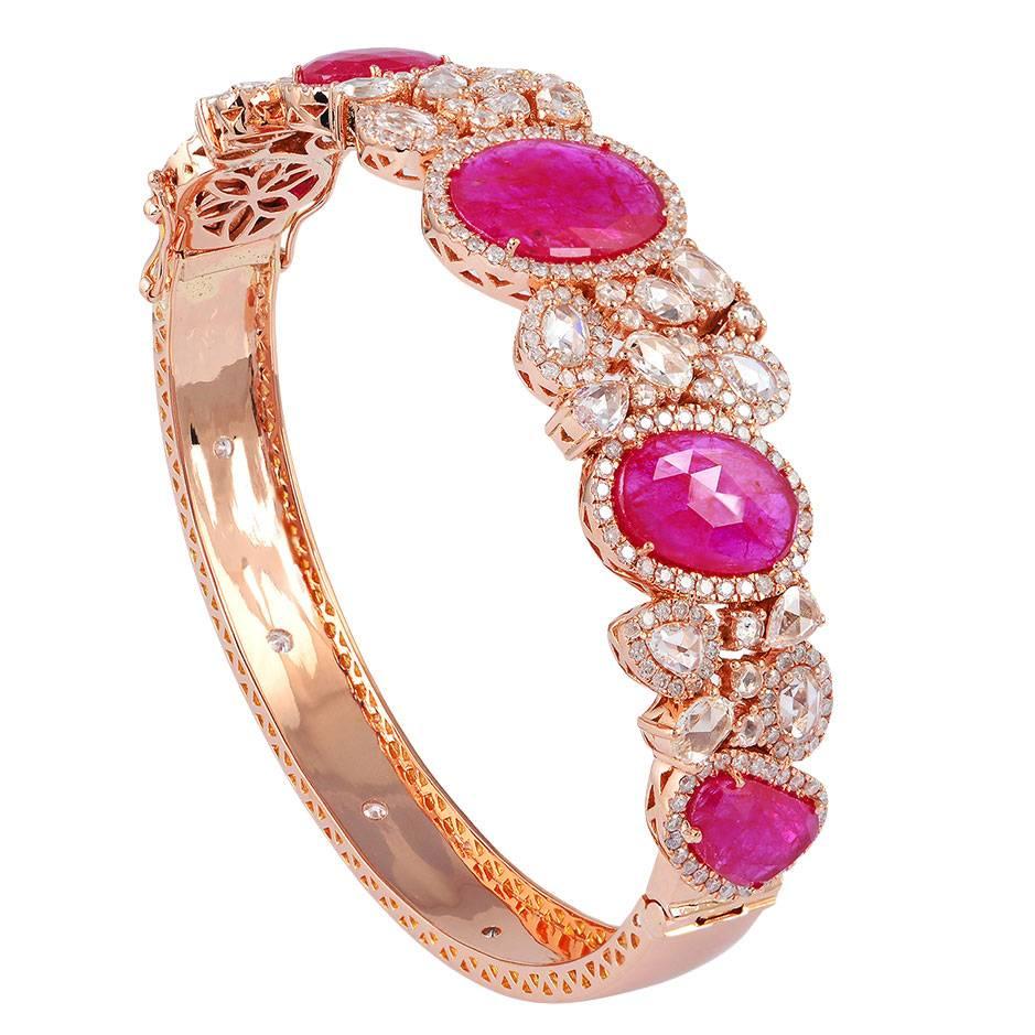 Stunning Ruby Stone Diamond Gold Oval Bangle Bracelet