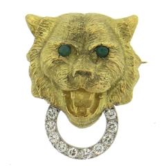 Emerald Diamond Gold Lion Head Brooch Pin