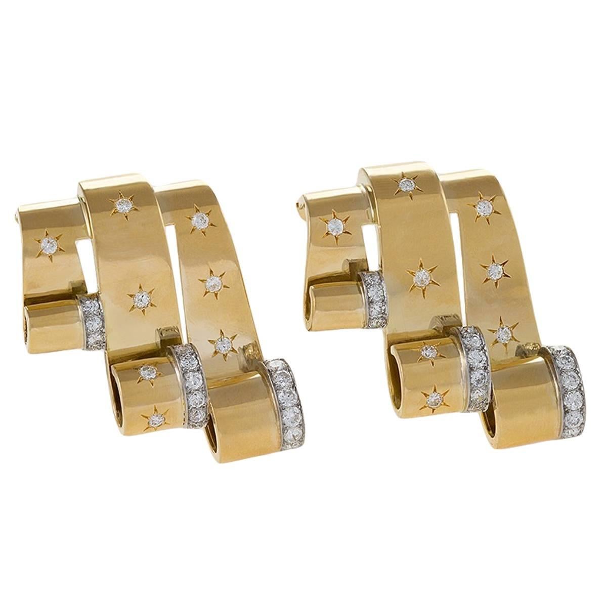 French Retro Diamond Gold and Platinum Pair of  Brooches
