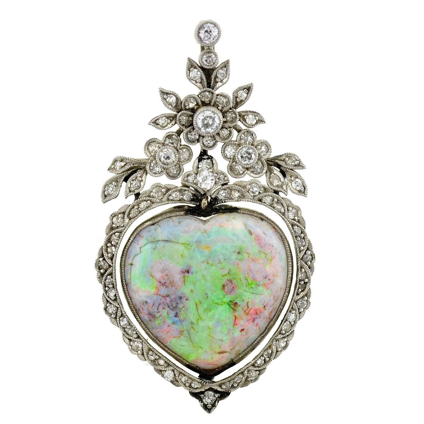 Edwardian Opal Diamond Gold Heart Pendant