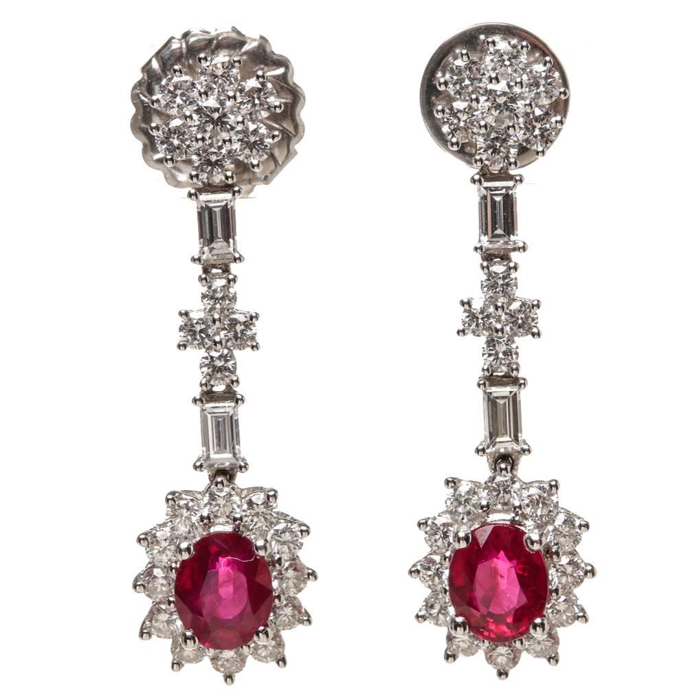 Diamond Ruby Gold Drop Earrings For Sale