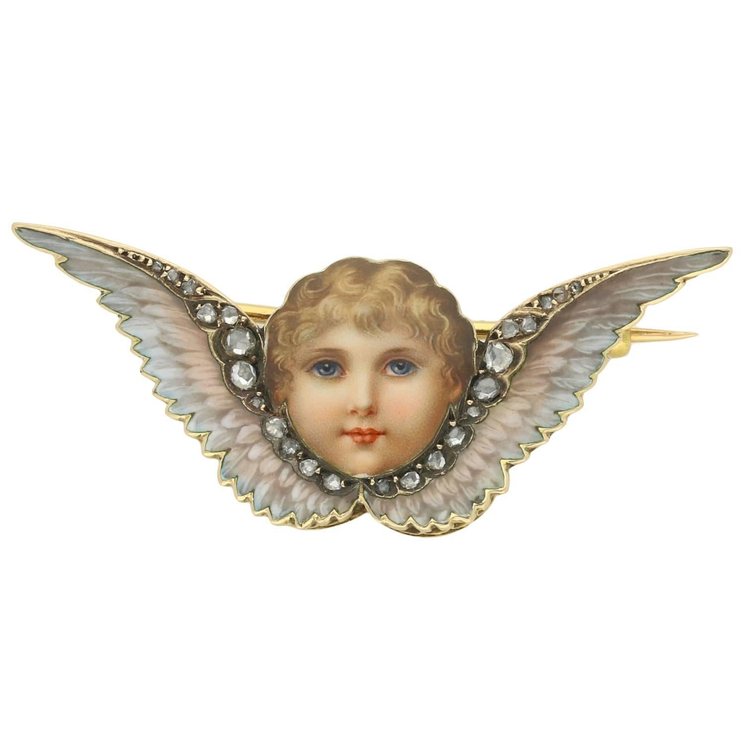 1885 Victorian Enamel Rose Diamond Gold Winged Cherub Brooch 
