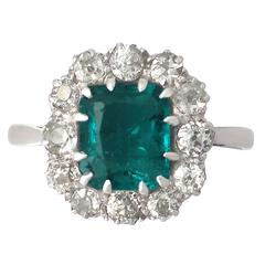 Antique 1910s 1.62 Carat Emerald & 0.72 Carat Diamond, Platinum Cluster Ring 12