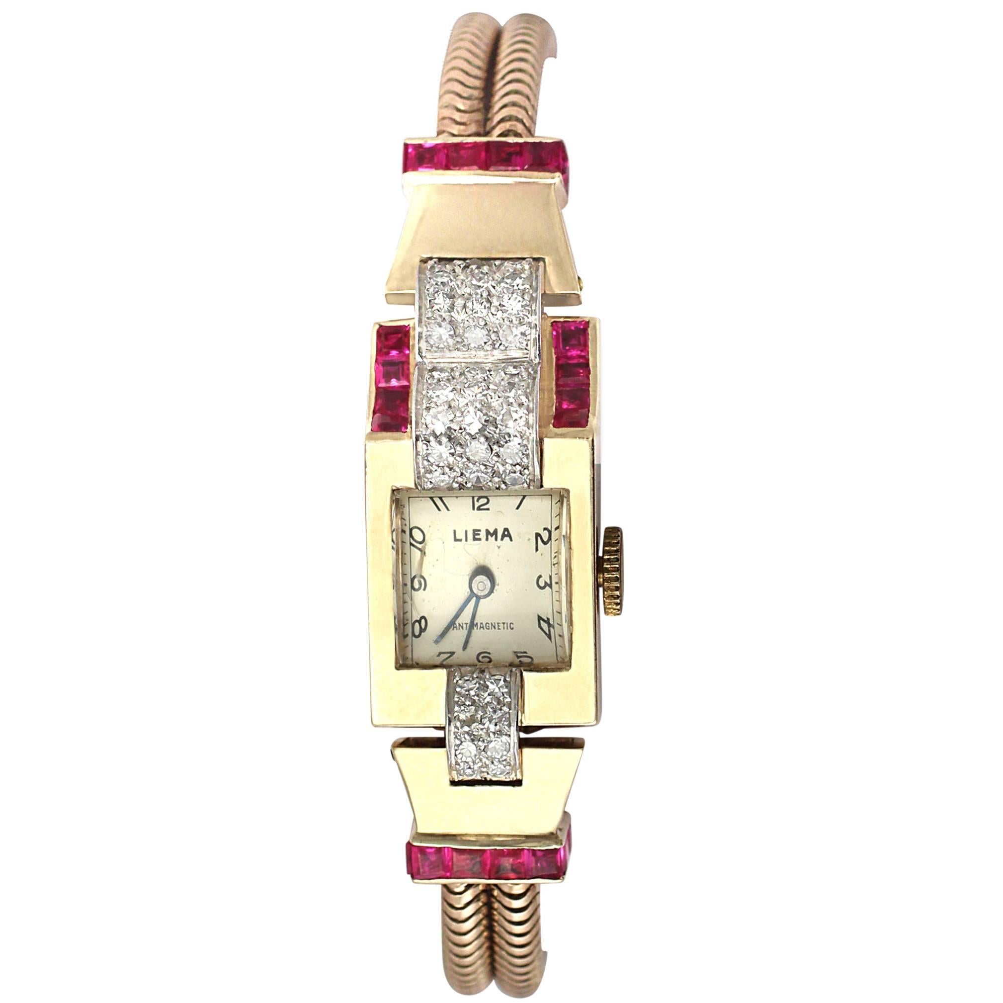 1.11Ct Diamond & 0.55Ct Ruby, 9k Yellow Gold Watch - Art Deco Style - Vintage