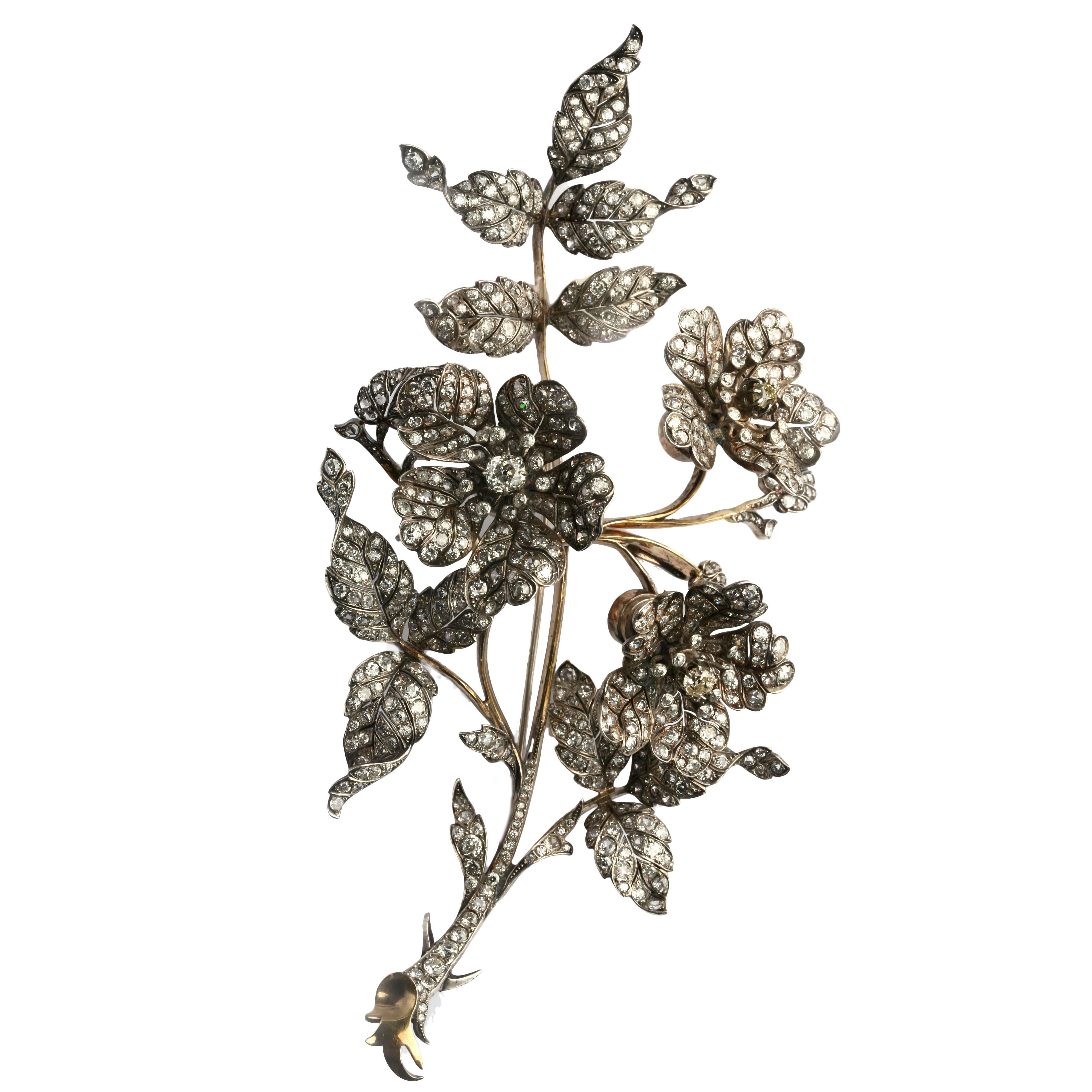 Antique Diamond Silver Gold En Tremblant Flower Brooch 