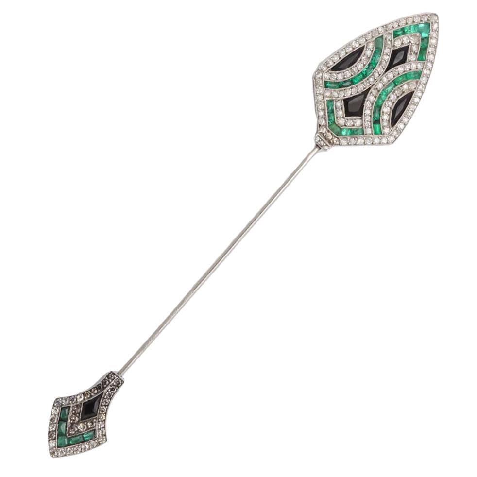 Art Deco Emerald Diamond Platinum Jabot Pin For Sale