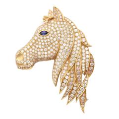 Vintage 18K Yellow Gold, Sapphire and Diamond Horsehead Pin, by Demner