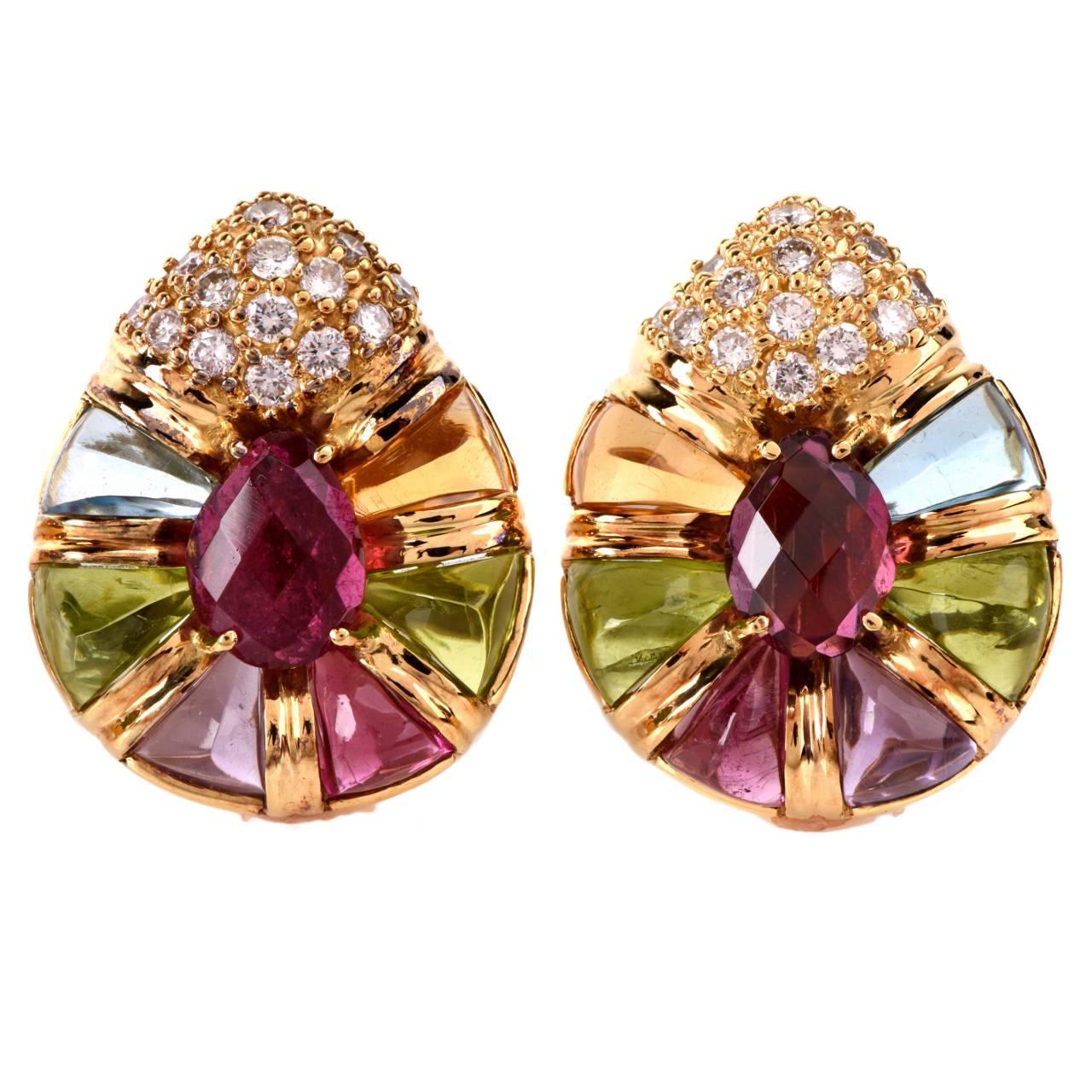 Laura M Multi Gem Diamond Gold Earrings 