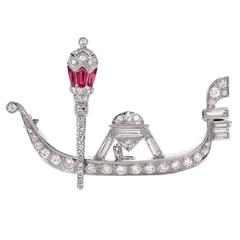 Antique Diamond Ruby Gold Venetian Gondola Pin Brooch
