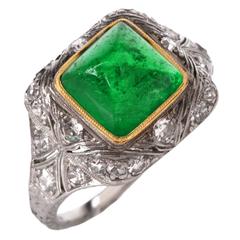 Antique Art Deco Colombian Emerald Diamond Platinum Engagement Ring