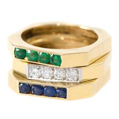 David Webb Sapphire Emerald Diamond Gold Stacking Rings 