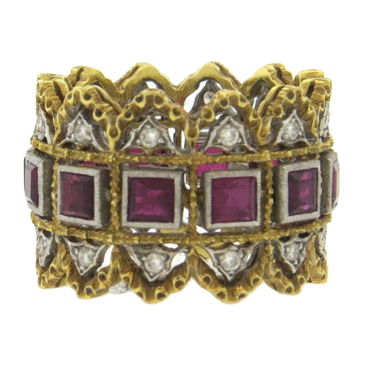 Buccellati Large Ruby Diamond Gold Wide Band Ring