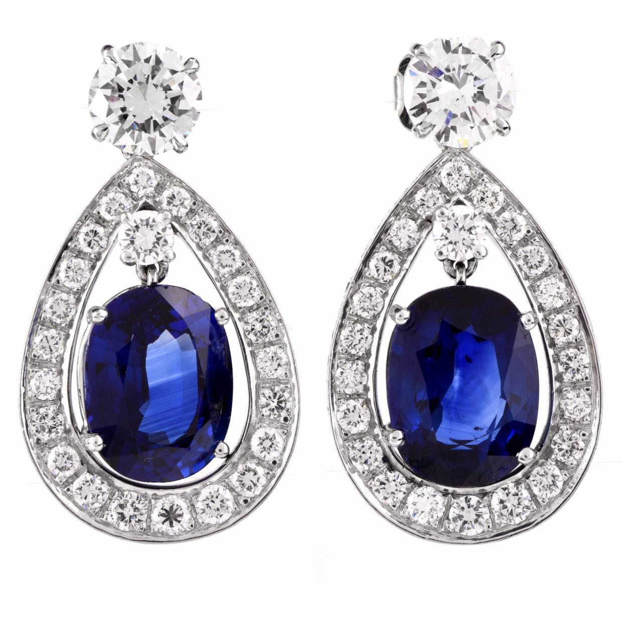 Certified Sapphire Diamond Platinum Drop Earrings