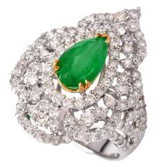 Retro Pear Emerald Diamond Gold Engagement Ring