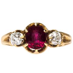 Authentic Victorian Era Ruby Diamond Gold Three Stone Engagement Ring