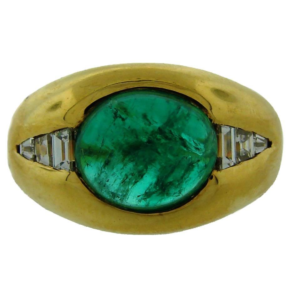 1970s BULGARI BVLGARI Cabochon Emerald Diamond Yellow Gold Ring