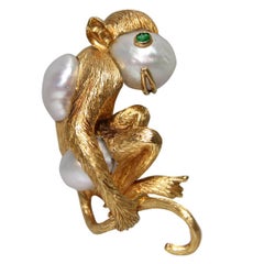 Vintage 1980s David Webb South Sea Pearl Gold Monkey Brooch