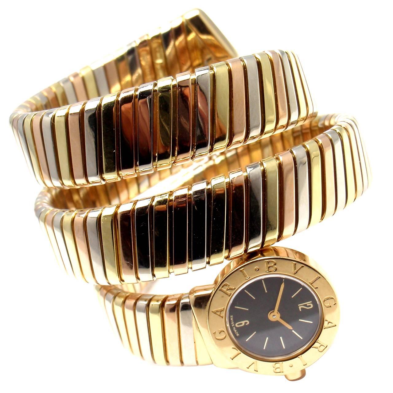Bulgari Lady's Tricolor Gold Tubogas Serpent Bracelet Wristwatch