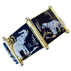 Roberto Legnazzi Enamel Diamond Gold Safari Cuff Bracelet