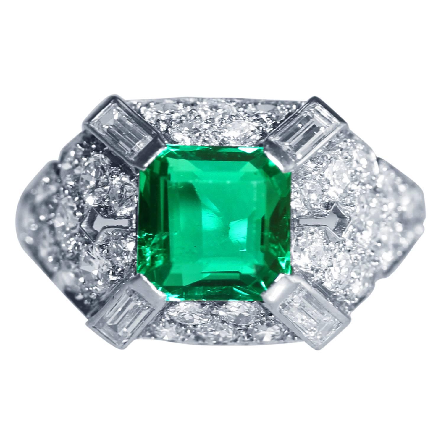 Art Deco Colombian Emerald Diamond Platinum Ring