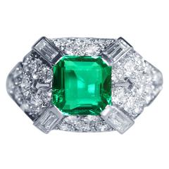 Antique Art Deco Colombian Emerald Diamond Platinum Ring