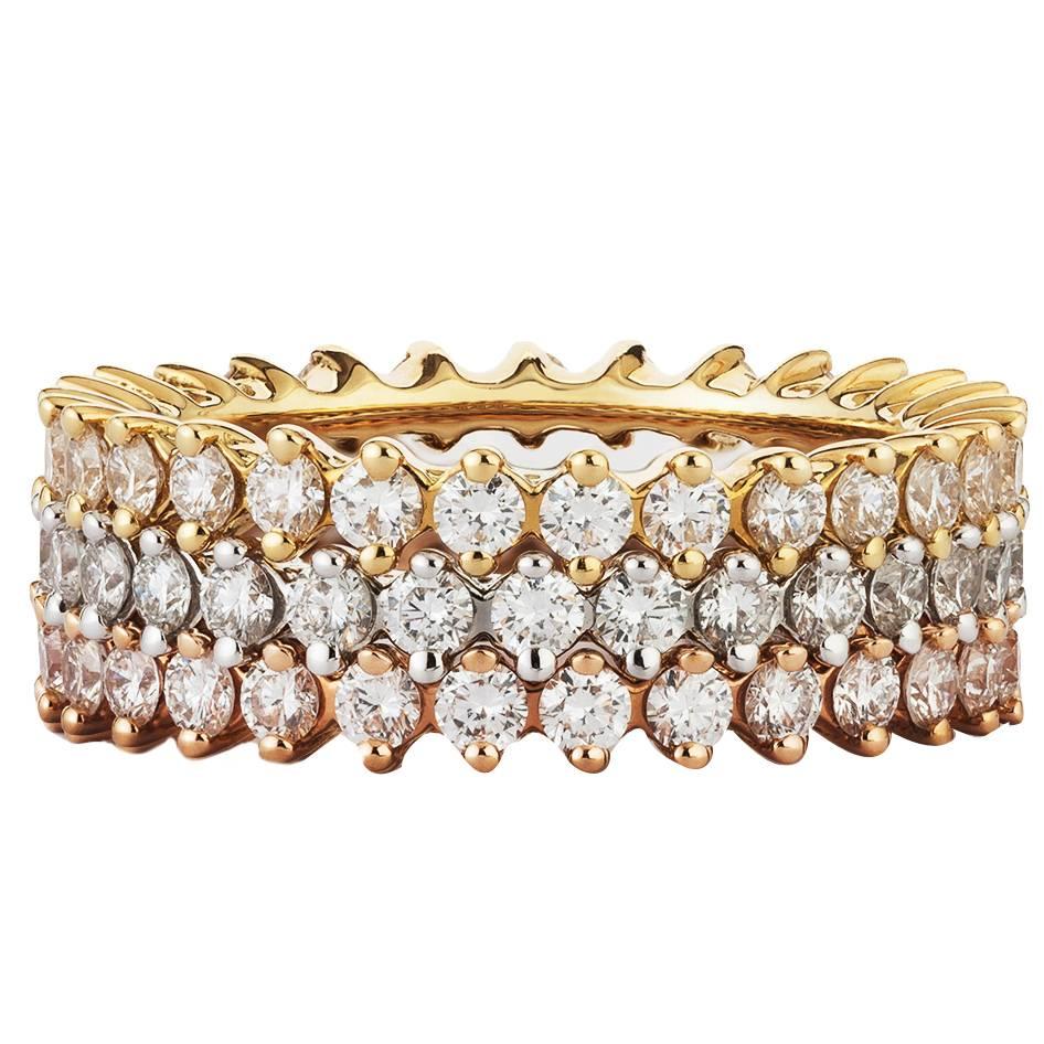 Diamond Three Color Gold Eternity Stacking Ring Set  For Sale