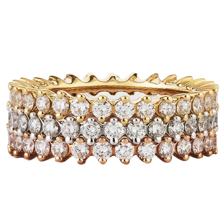 Diamond Three Color Gold Eternity Stacking Ring Set For Sale