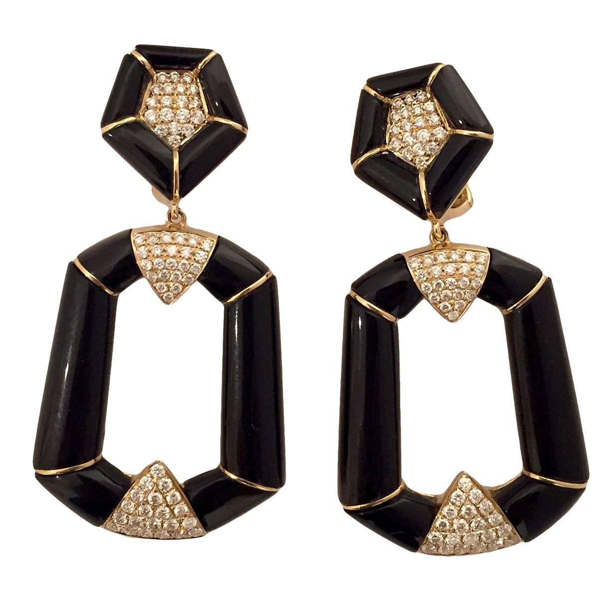 Onyx Diamond Gold Drop Earrings For Sale at 1stdibs