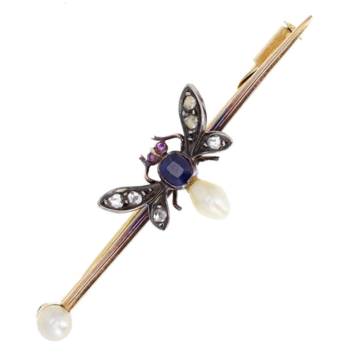Antique Pearl Sapphire Gold Bug Pin Brooch