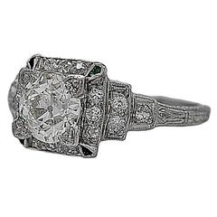 Art Deco 1.05 Carat Diamond Emerald Platinum Engagement Ring