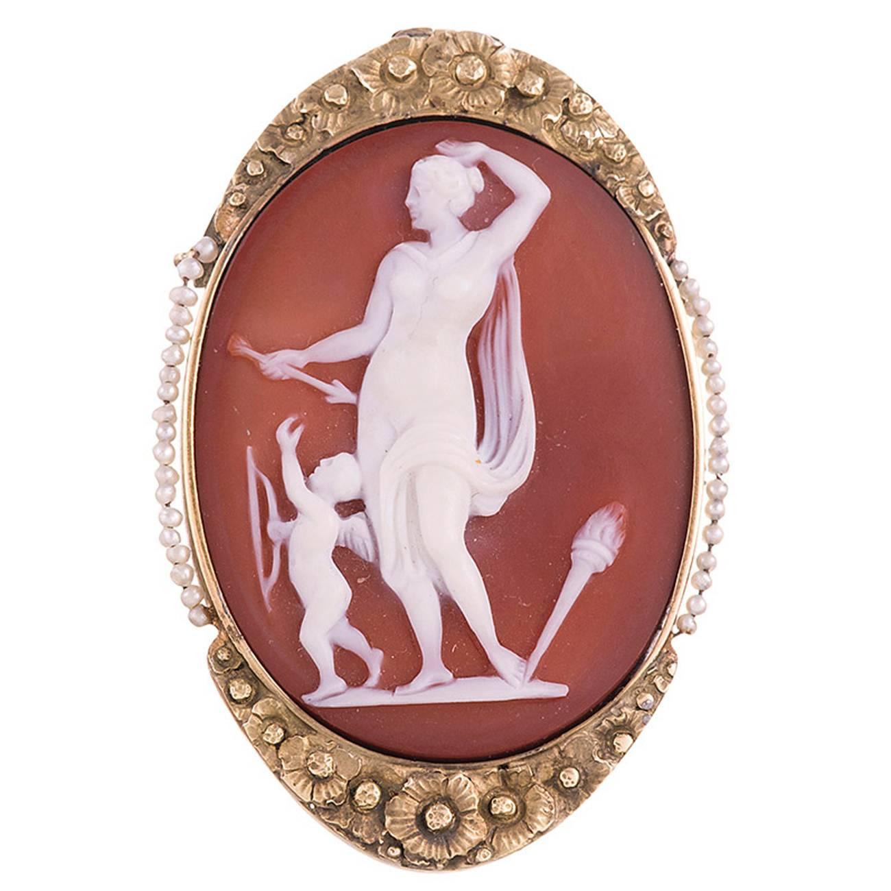 Woman and Cupid Stone Cameo with Seed Pearls For Sale