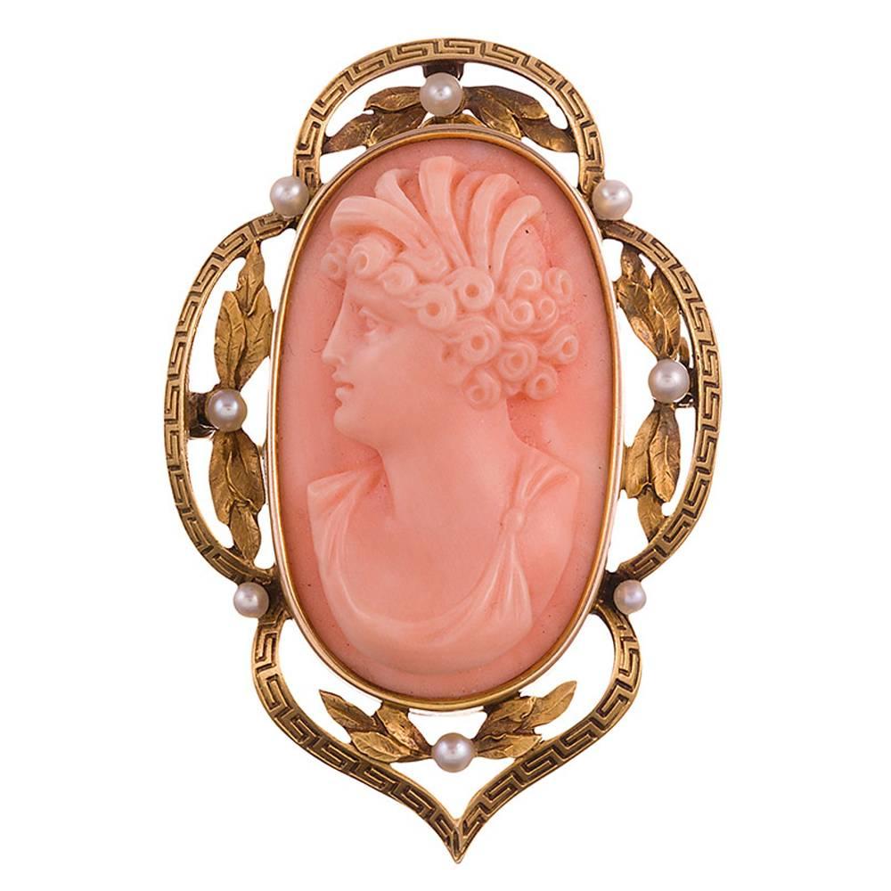 Carved Coral seed pearls gold Portrait Cameo  For Sale