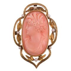 Carved Coral seed pearls gold Portrait Cameo 