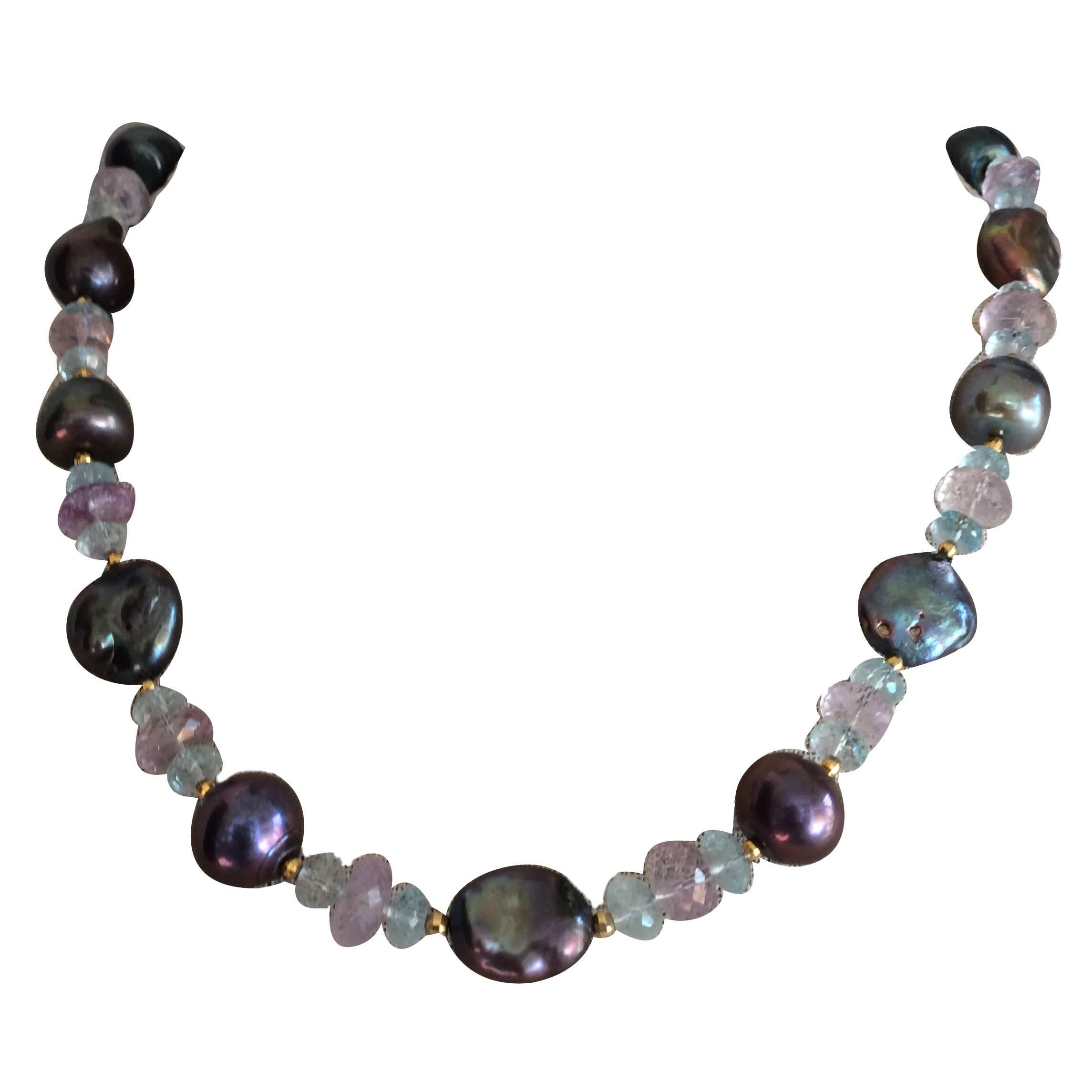 Black pearl , aquamarine, amethist and gold necklace