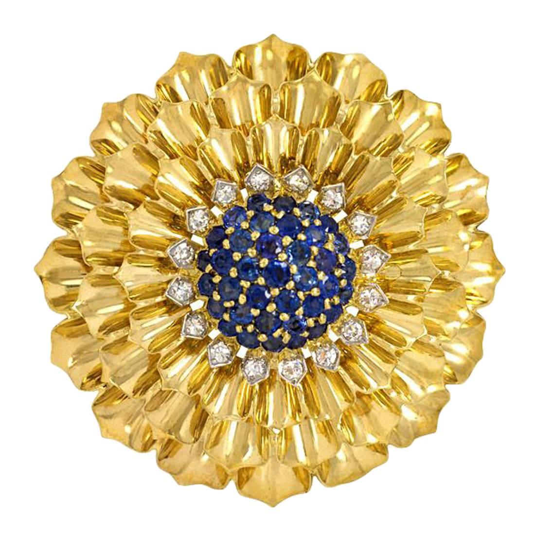 1950s Tiffany Gold, Sapphire, and Diamond Flower Brooch