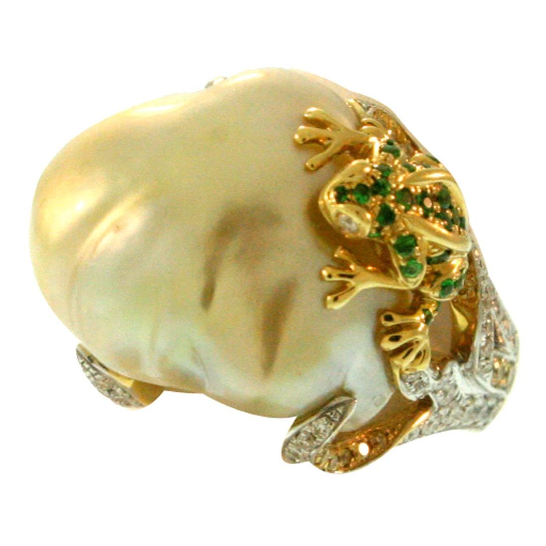 Baroque Green Tsavorite Golden South Sea Pearl Diamond Gold Frog Ring For Sale