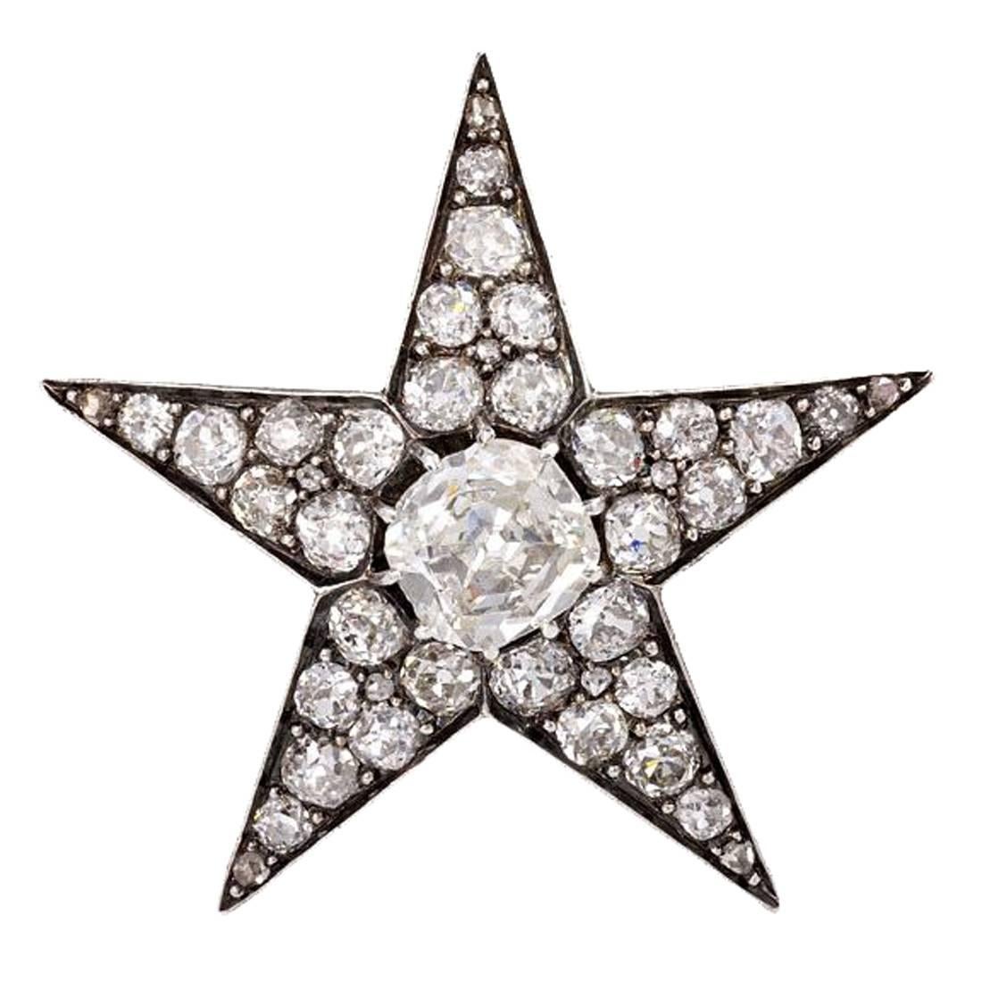 Antique Diamond Silver Gold Star Brooch