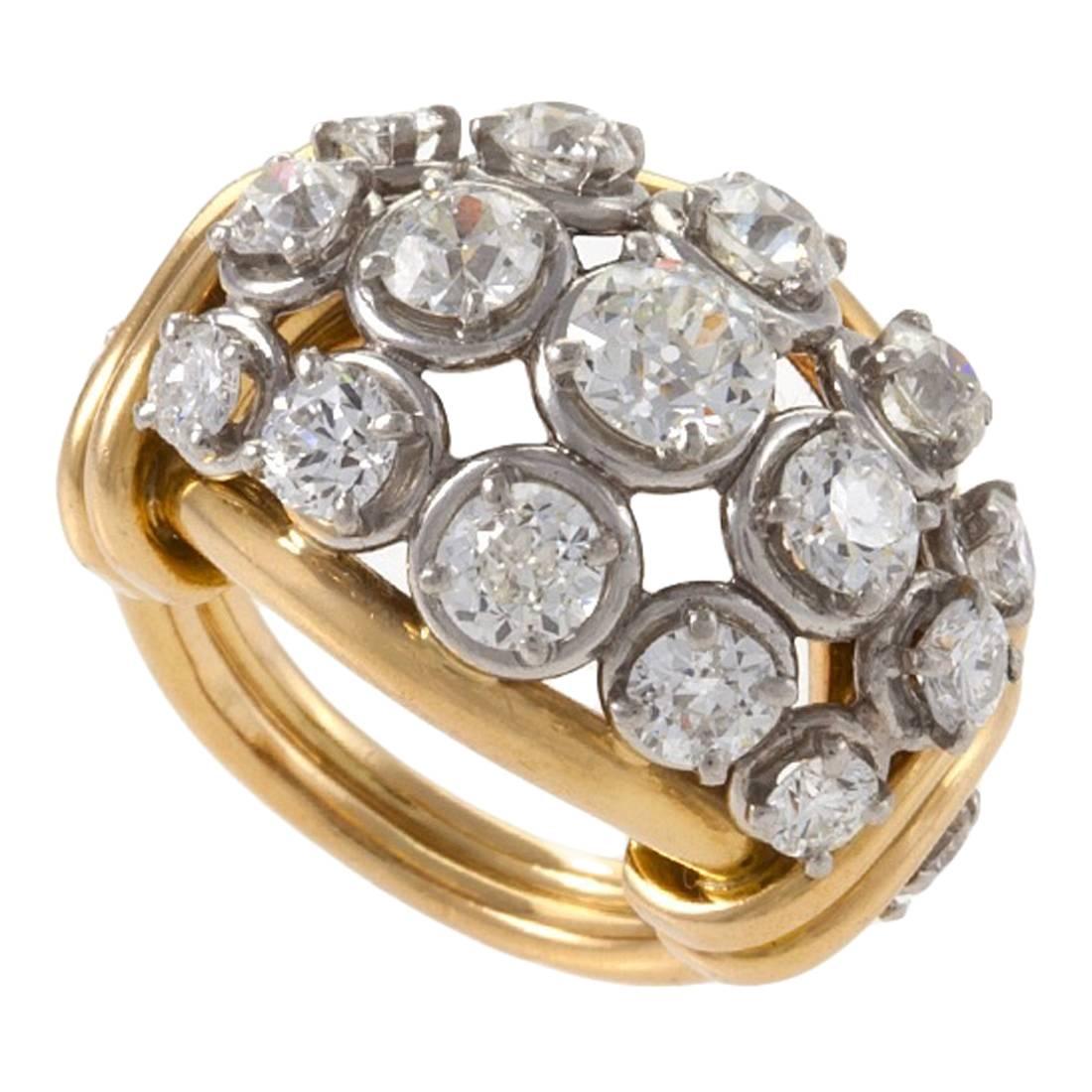 Van Cleef & Arpels Paris Retro Diamond Gold Platinum Bombé Ring