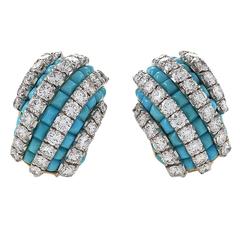 Van Cleef & Arpels 1960's Turquoise Diamond Gold Platinum Earrings