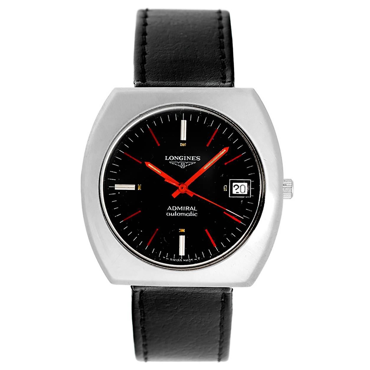 Longines Stainless Steel Admiral Cushion Case Black Dial Automatic Wristwatch