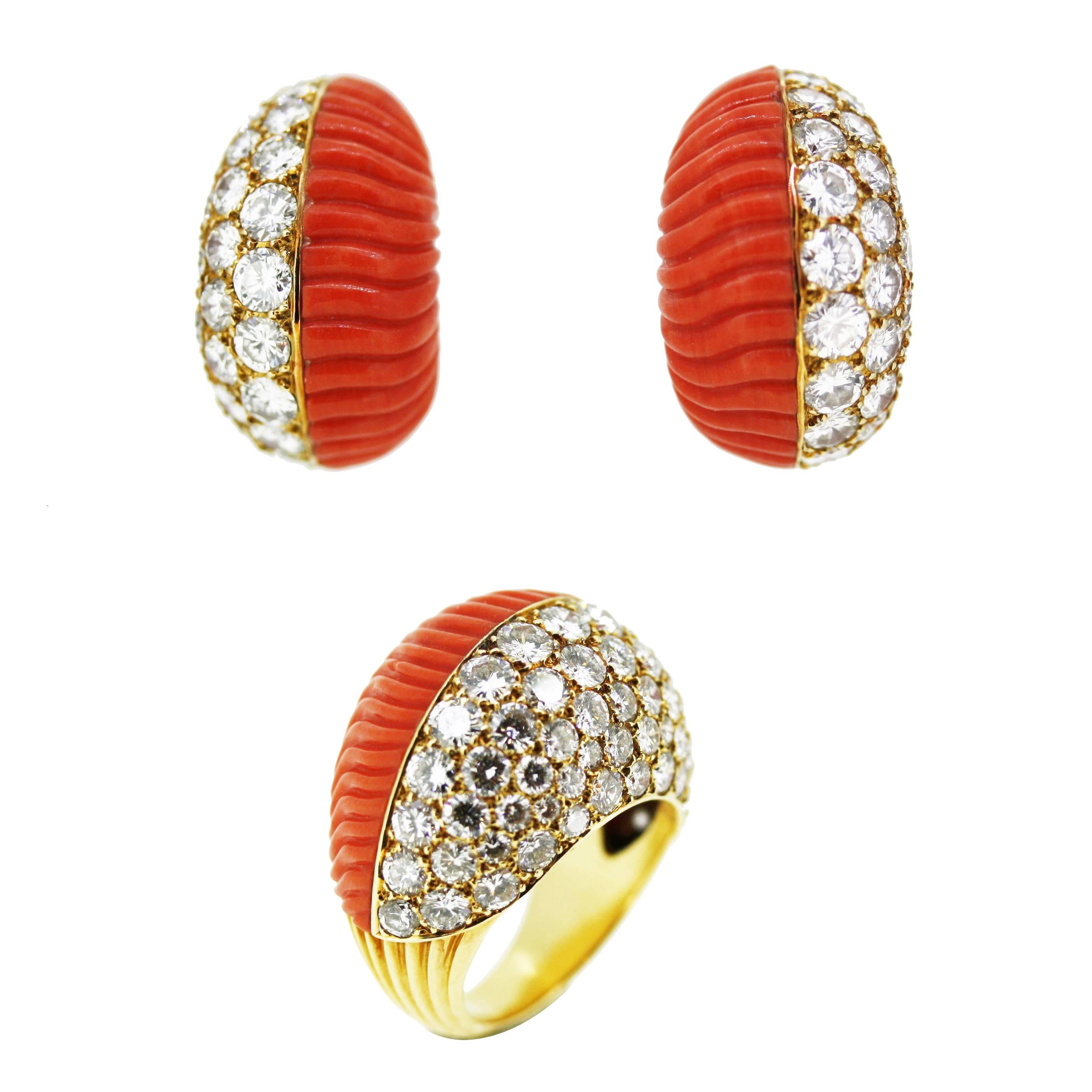 1960s Cartier Coral Diamond Gold Ring and Earrings For Sale