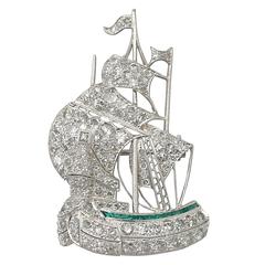 Antique 2.65 Carat Diamond and Emerald Platinum Ship Brooch 3