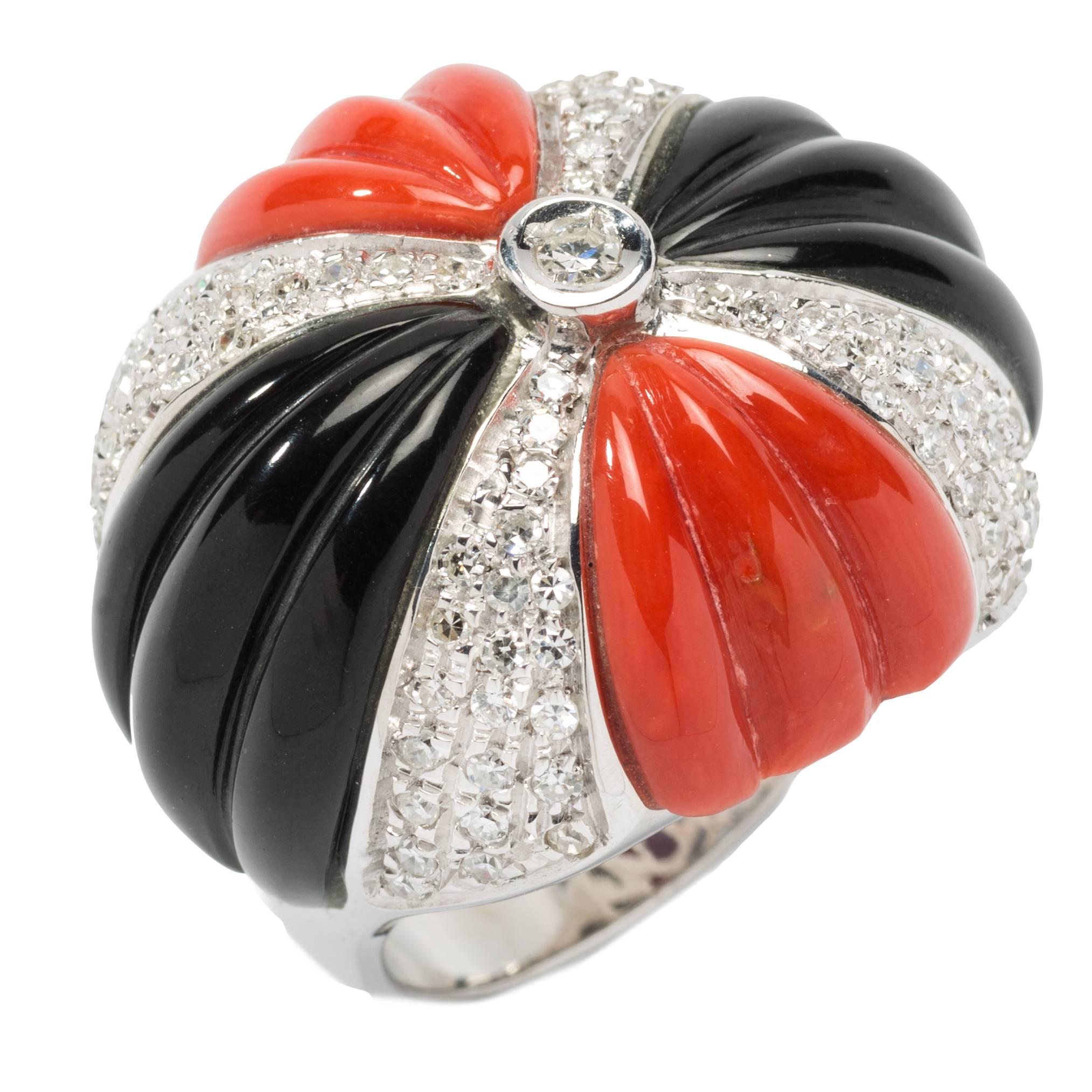 Coral Onyx Diamond Dome Ring For Sale