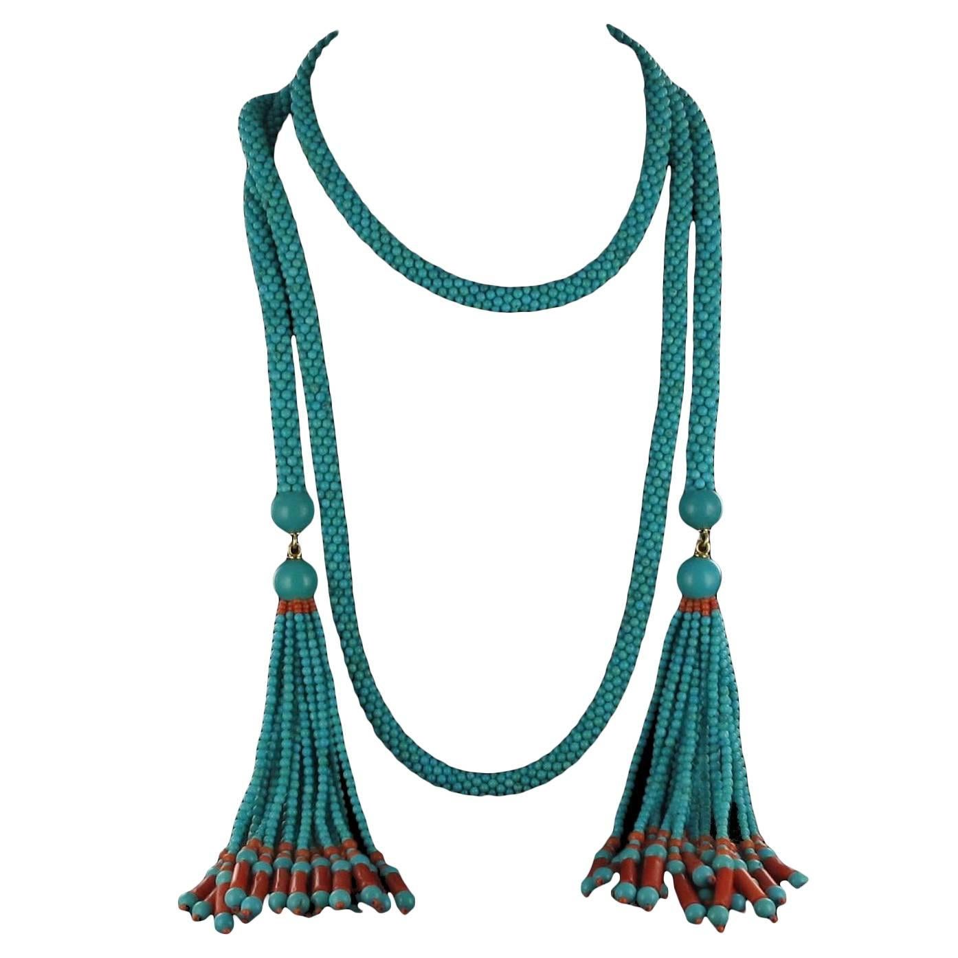 French Turquoise Coral Sautoir Necklace