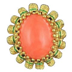 1960s Coral Green Enamel 18 Karat Yellow Gold Cocktail Ring