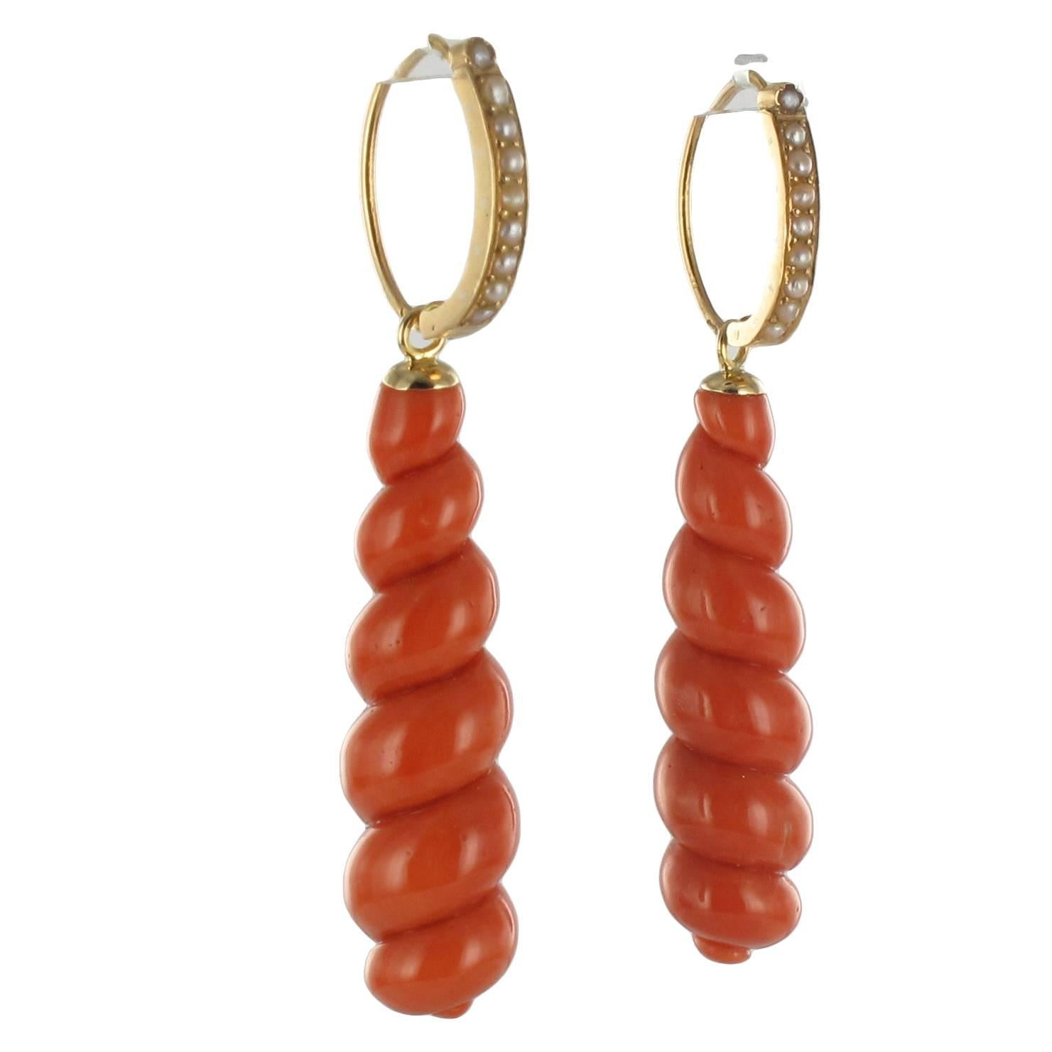 French Antique Coral Natural Pearl Gold Dangle Earrings 