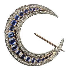 French Antique Crescent Moon Sapphire Diamond Brooch 2