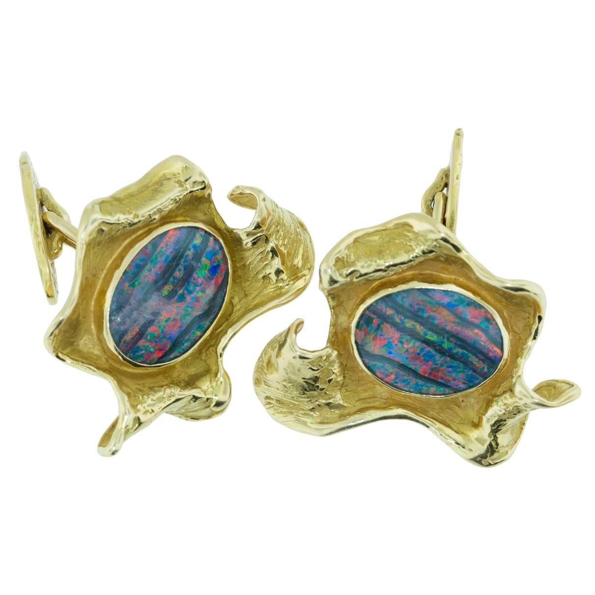 Hand Made Avant Garde Triplet Opal Gold Cufflinks For Sale