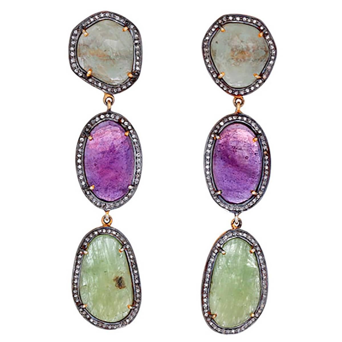 Stunning Semi-Precious Gemstone Diamond Silver Gold Dangle Earrings